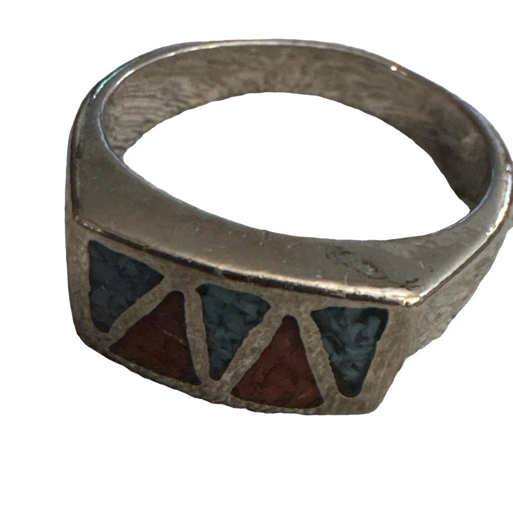 Vintage Native American sterling turquoise coral inlay ring unisex